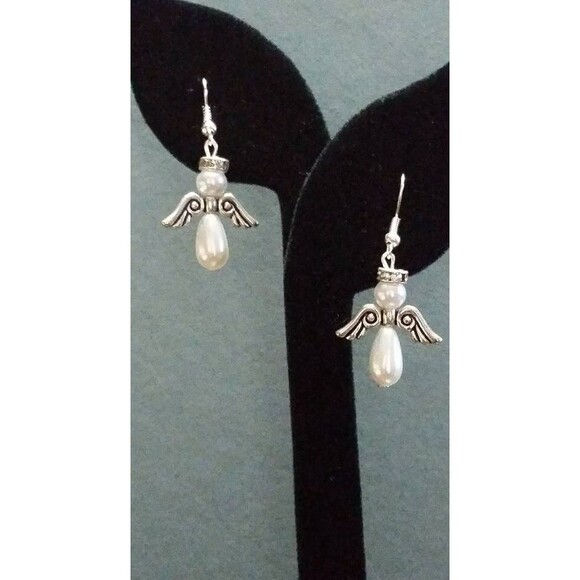 White Pearl and Silver-tone Beaded Angel Earrings - Picture 5 of 5